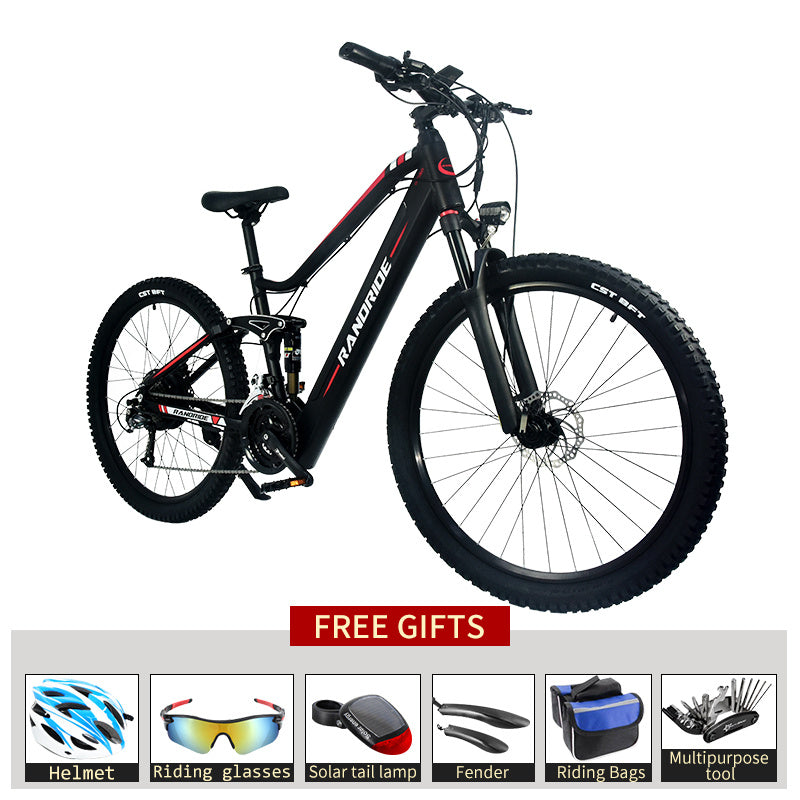 Black mountain bike with free gift options displayed on a white background